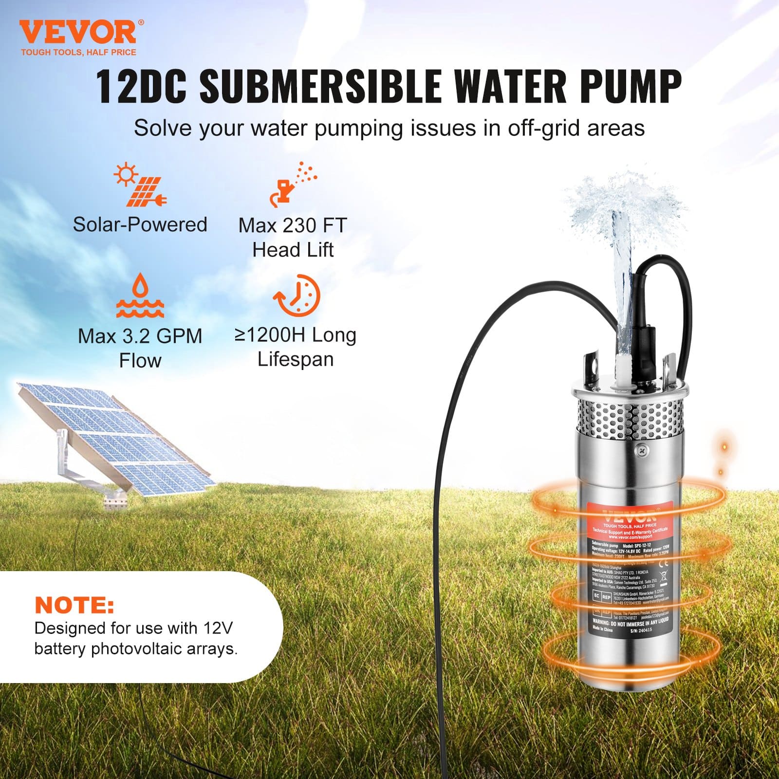 VEVOR 12V DC Solar Submersible Deep Well Water Pump, 120W, Max Flow 12 L/min, Max Head 70m, IP68, for Off-Grid Water Supply - Image 2