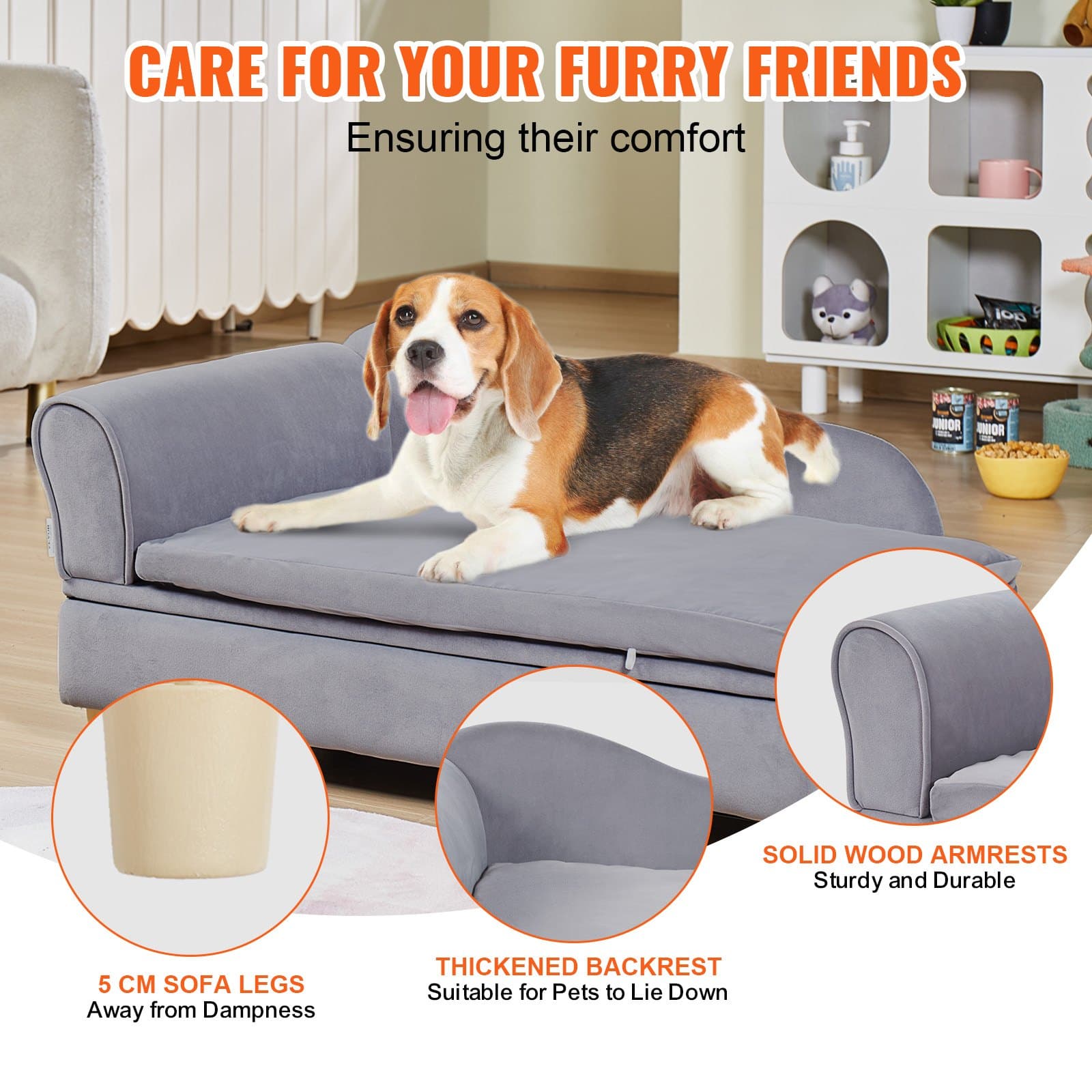VEVOR Grey Pet Sofa for Large Dogs & Cats, 91x58x41 cm Velvet Dog Couch Bed, 50 kg Capacity, Wooden Frame, Storage, Easy Assembly - Pilt 7