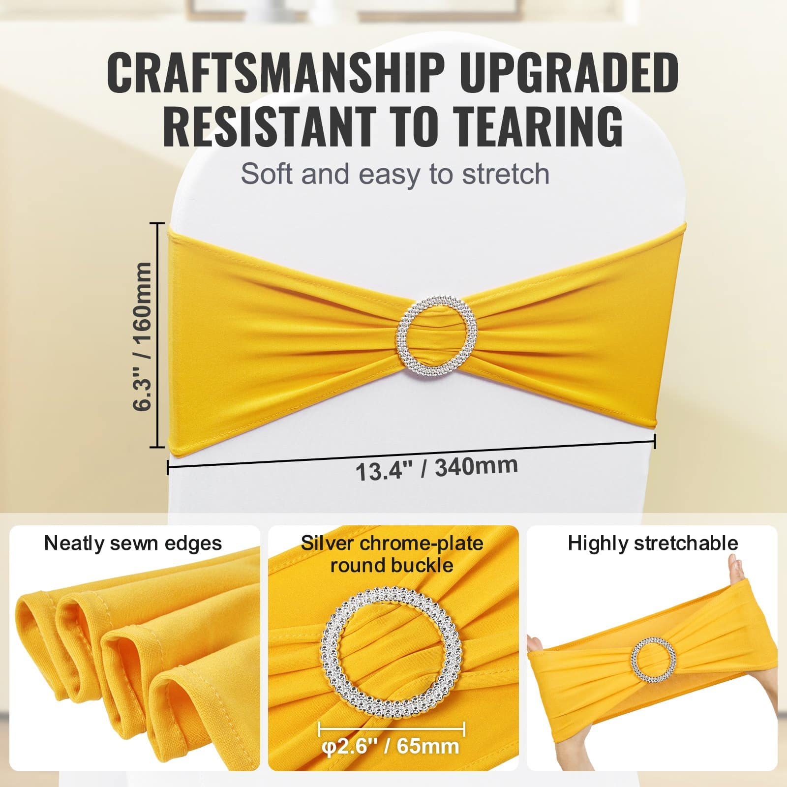 50 PCS Golden Yellow Stretch Spandex Chair Sashes with Round Buckle – Elastic Chair Bands for Wedding, Party, Banquet Decor — изображение 3