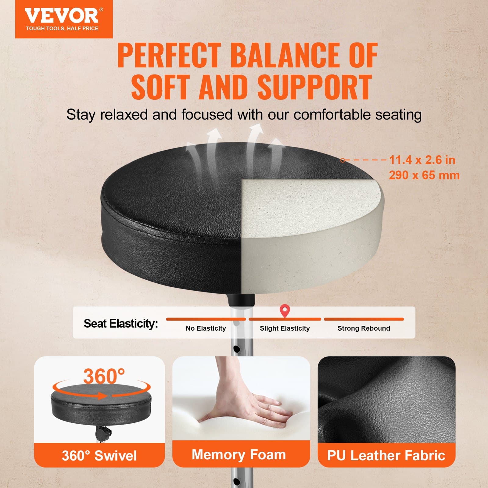 VEVOR Adjustable Drum Throne 490–585 mm, Padded Swivel Stool with Anti-Slip Feet, 150 kg Capacity + Free 5A Drumsticks — attēls 2