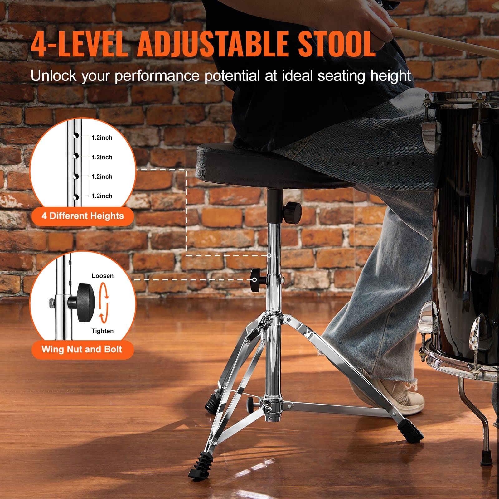 VEVOR Adjustable Drum Throne 490–585 mm, Padded Swivel Stool with Anti-Slip Feet, 150 kg Capacity + Free 5A Drumsticks — attēls 3