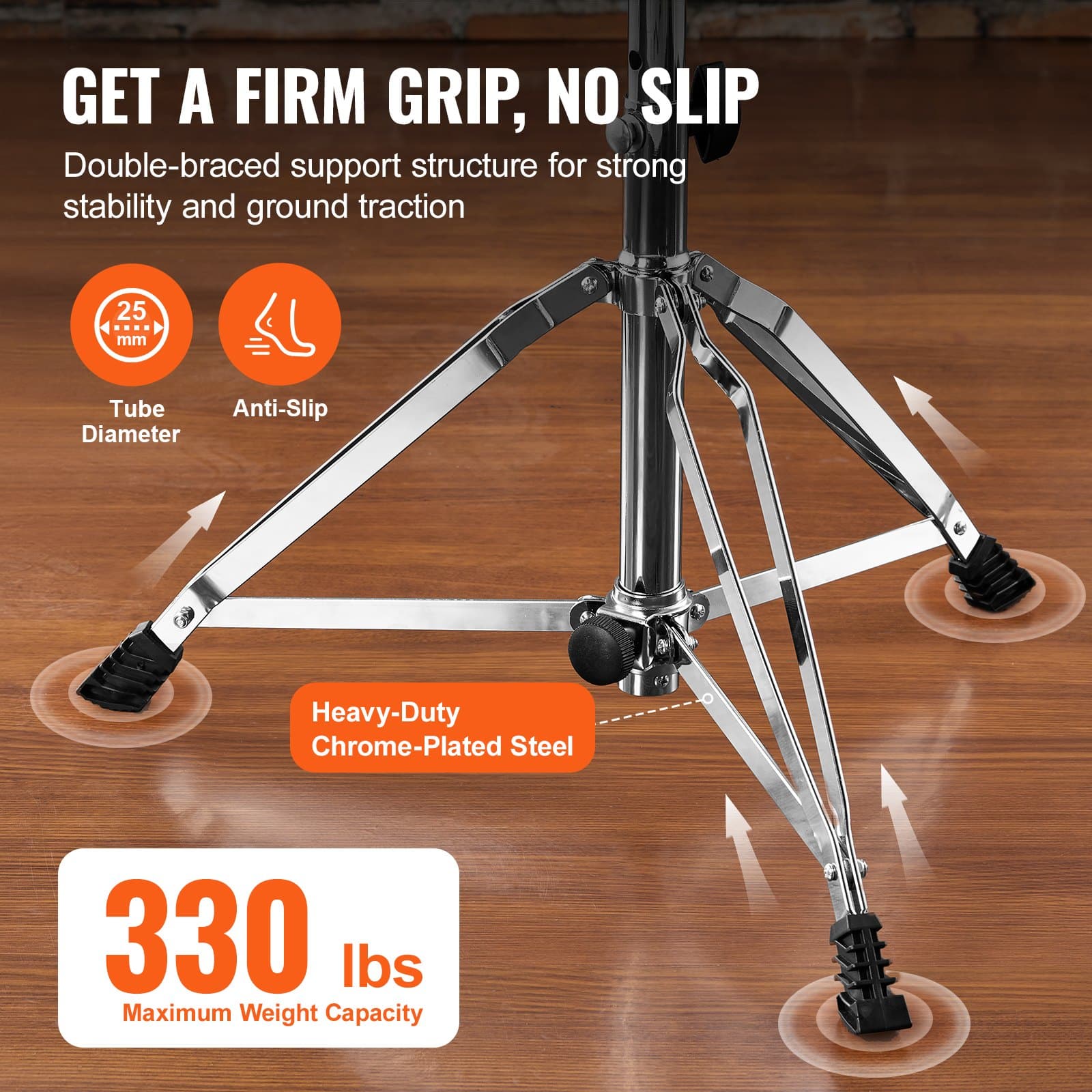 VEVOR Adjustable Drum Throne 490–585 mm, Padded Swivel Stool with Anti-Slip Feet, 150 kg Capacity + Free 5A Drumsticks — attēls 4