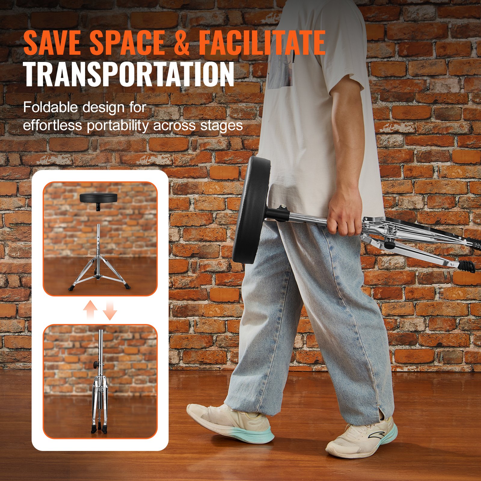 VEVOR Adjustable Drum Throne 490–585 mm, Padded Swivel Stool with Anti-Slip Feet, 150 kg Capacity + Free 5A Drumsticks — attēls 5