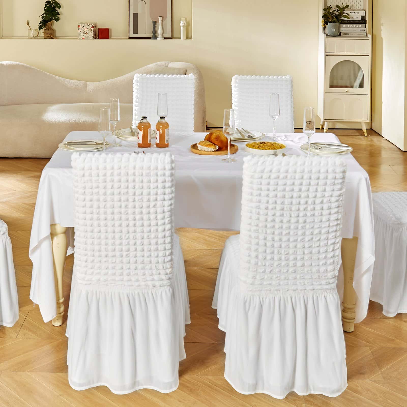 4 PCS White Stretch Spandex Chair Covers with Skirt – Universal Fit, Removable & Washable for Events, Weddings, Parties — attēls 8