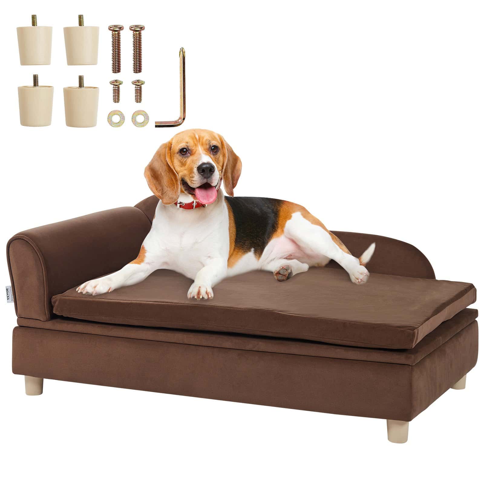 VEVOR Pet Sofa Couch for Large Dogs & Cats, Soft Velvet Bed with Storage, 36x23x16 cm, 49.9 kg Load, Dark Brown