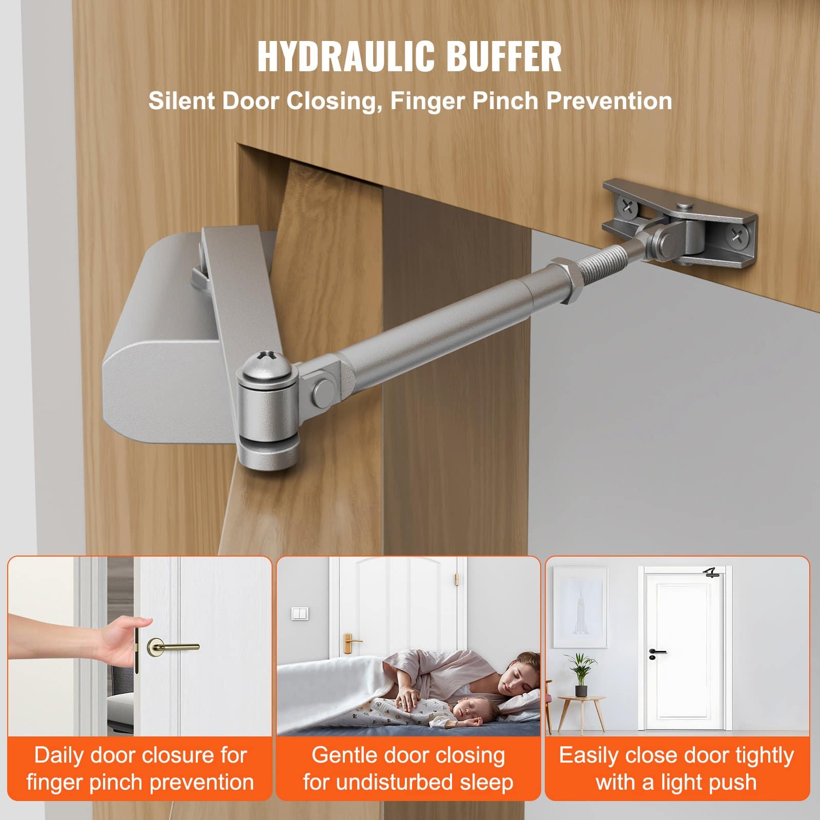 VEVOR Hydraulic Door Closer, Adjustable Heavy-Duty Automatic Closer for 45 kg Doors, Cast Aluminum, Silver, Easy Install — изображение 3