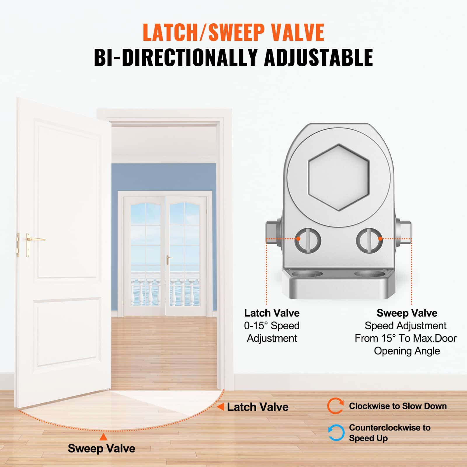 VEVOR Hydraulic Door Closer, Adjustable Heavy-Duty Automatic Closer for 45 kg Doors, Cast Aluminum, Silver, Easy Install — изображение 4