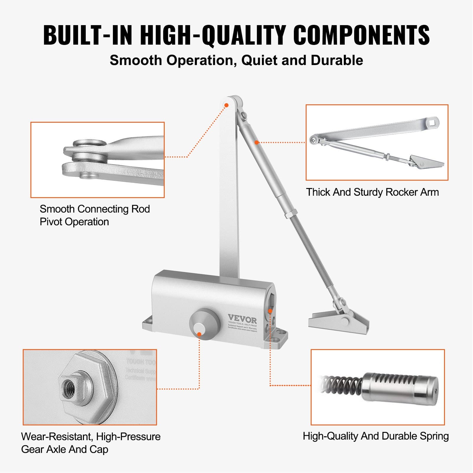 VEVOR Hydraulic Door Closer, Adjustable Heavy-Duty Automatic Closer for 45 kg Doors, Cast Aluminum, Silver, Easy Install — изображение 6