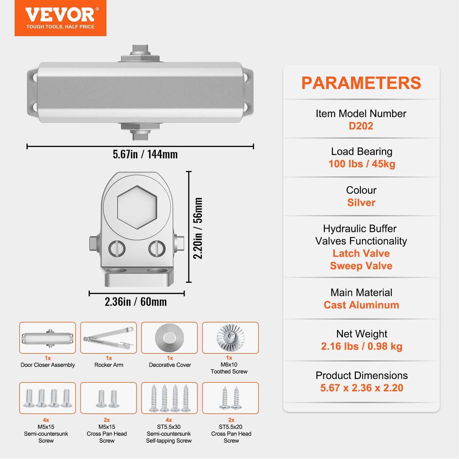 VEVOR Hydraulic Door Closer, Adjustable Heavy-Duty Automatic Closer for 45 kg Doors, Cast Aluminum, Silver, Easy Install — изображение 7