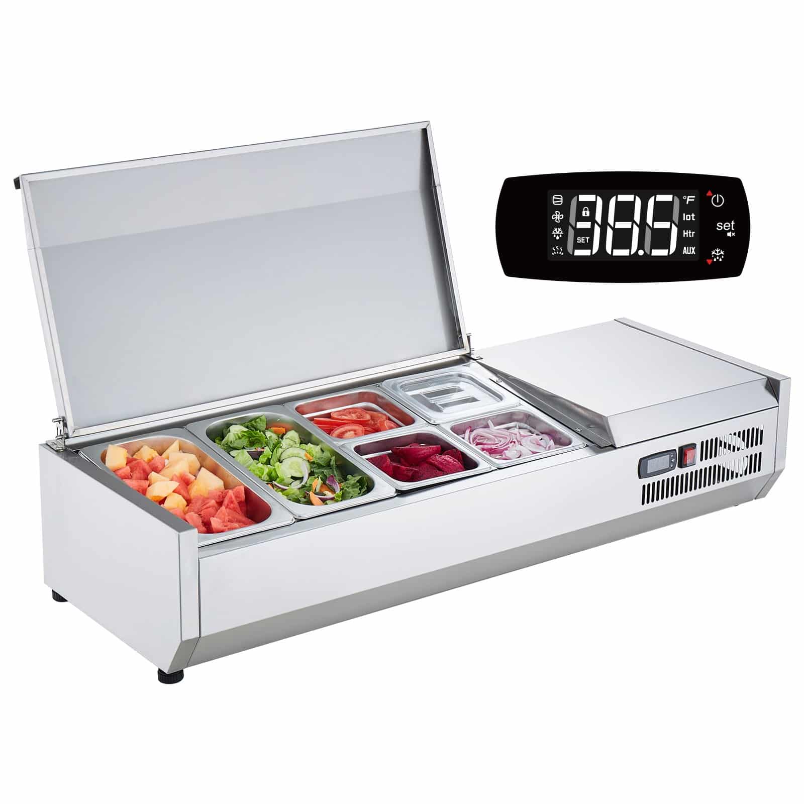 VEVOR 140W Countertop Refrigerated Condiment Prep Station with 2 x 1/3 & 4 x 1/6 GN Pans, 304 Stainless Steel, CE Certified