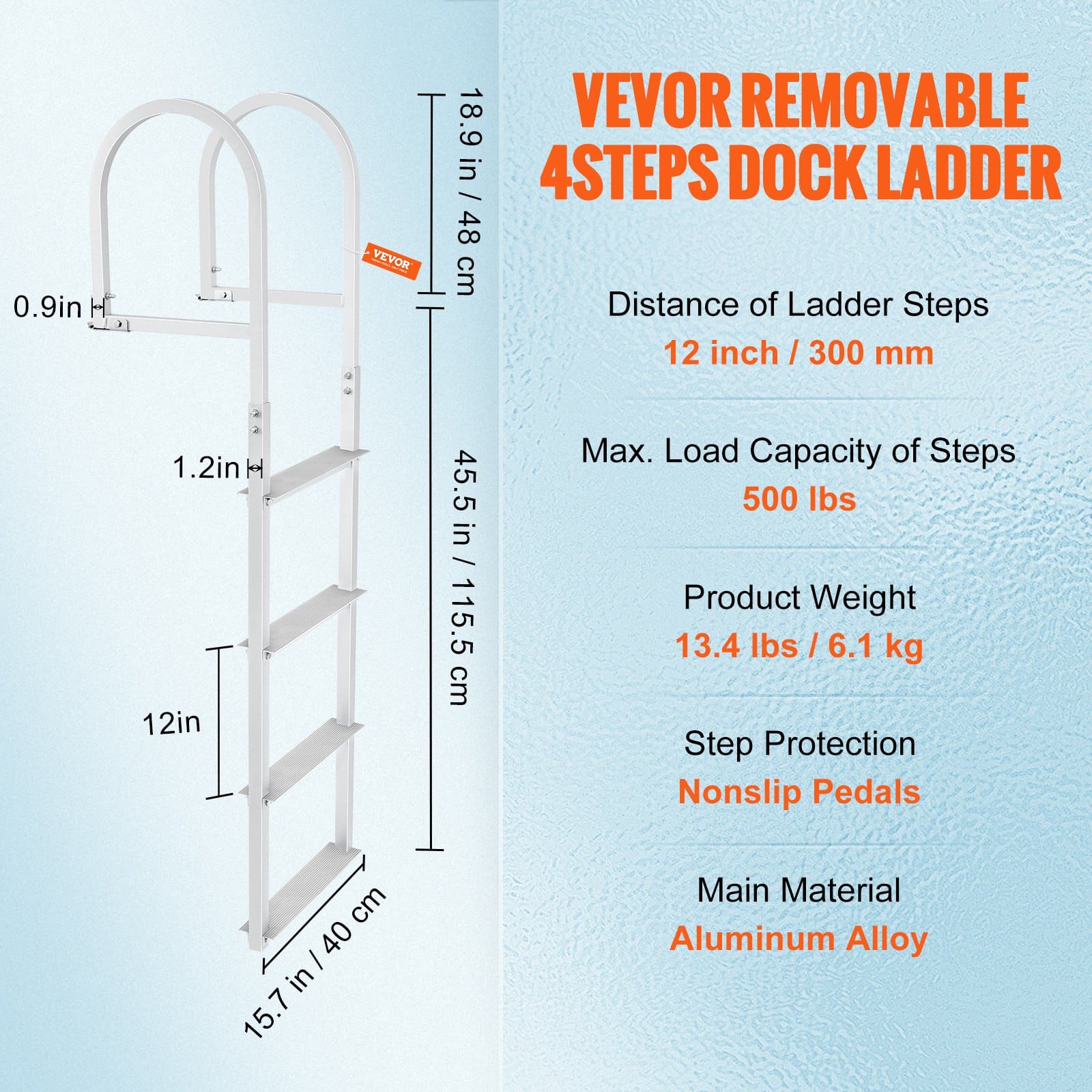 VEVOR 4-Step Removable Dock Ladder, 227 kg Load, Anti-Slip Aluminum Steps, Marine/Pontoon/Pool Boarding Ladder — изображение 7