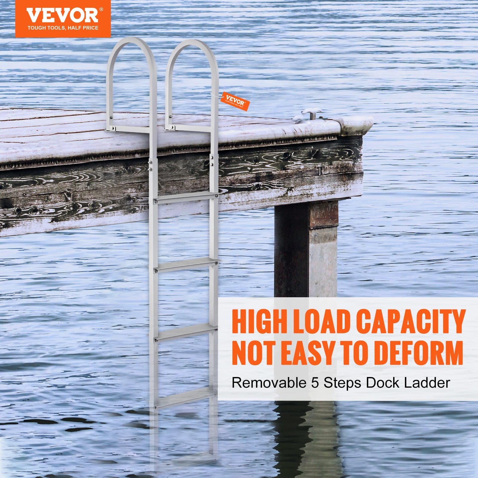 VEVOR 5-Step Removable Dock Ladder, 227kg Load, Anti-Slip 7.8x35cm Steps, Aluminum for Boat/Pool/Marine Boarding — изображение 2