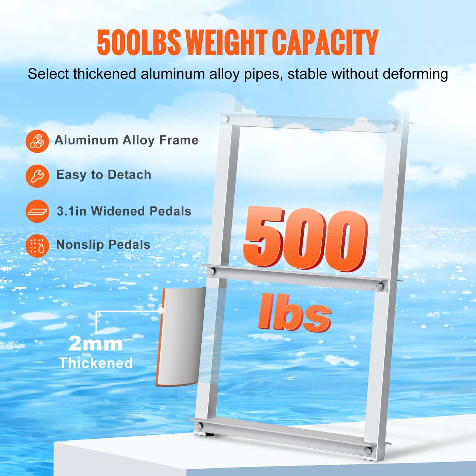 VEVOR 5-Step Removable Dock Ladder, 227kg Load, Anti-Slip 7.8x35cm Steps, Aluminum for Boat/Pool/Marine Boarding — изображение 3