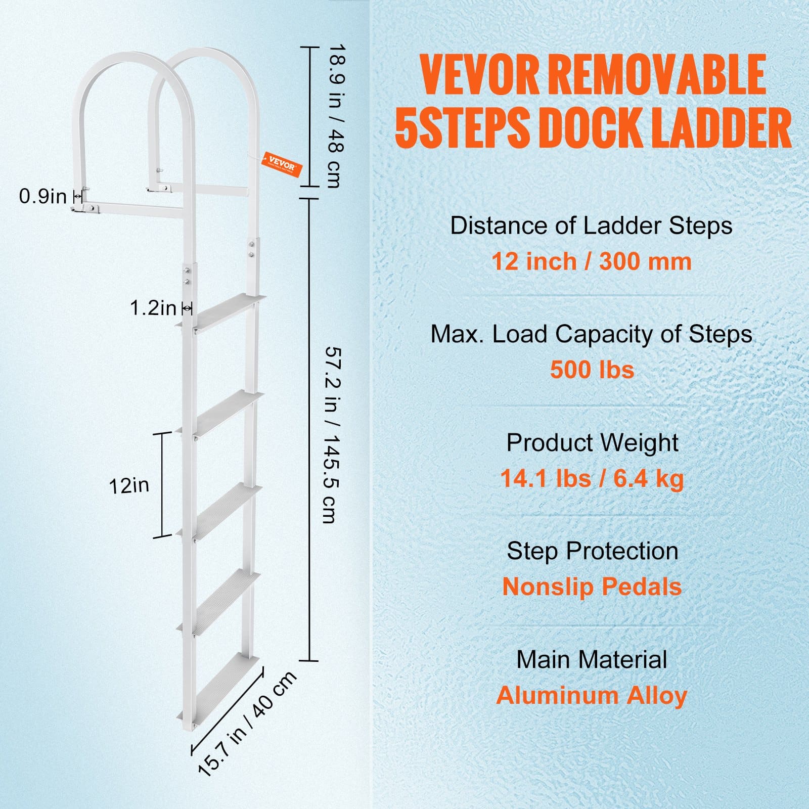 VEVOR 5-Step Removable Dock Ladder, 227kg Load, Anti-Slip 7.8x35cm Steps, Aluminum for Boat/Pool/Marine Boarding — изображение 7