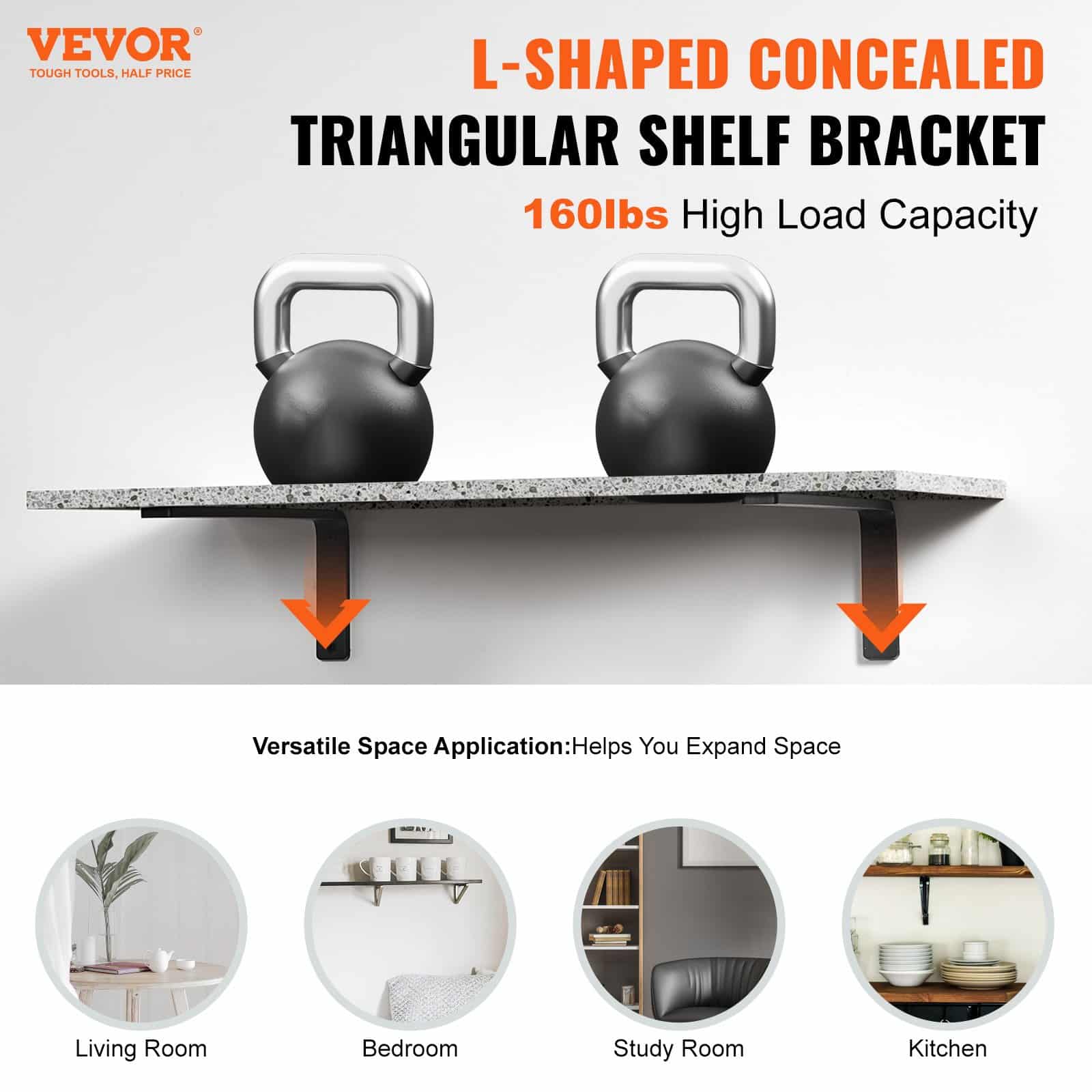 VEVOR Heavy Duty Shelf Brackets 40x15cm 4pcs, 10mm Thick Matte Black Steel, Floating L Brackets, 72kg Load Capacity - Image 2