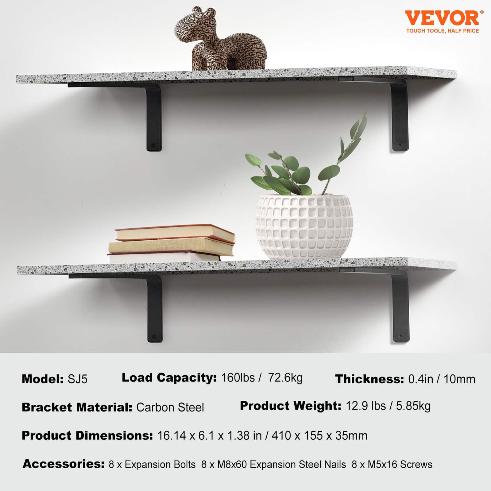 VEVOR Heavy Duty Shelf Brackets 40x15cm 4pcs, 10mm Thick Matte Black Steel, Floating L Brackets, 72kg Load Capacity - Image 7