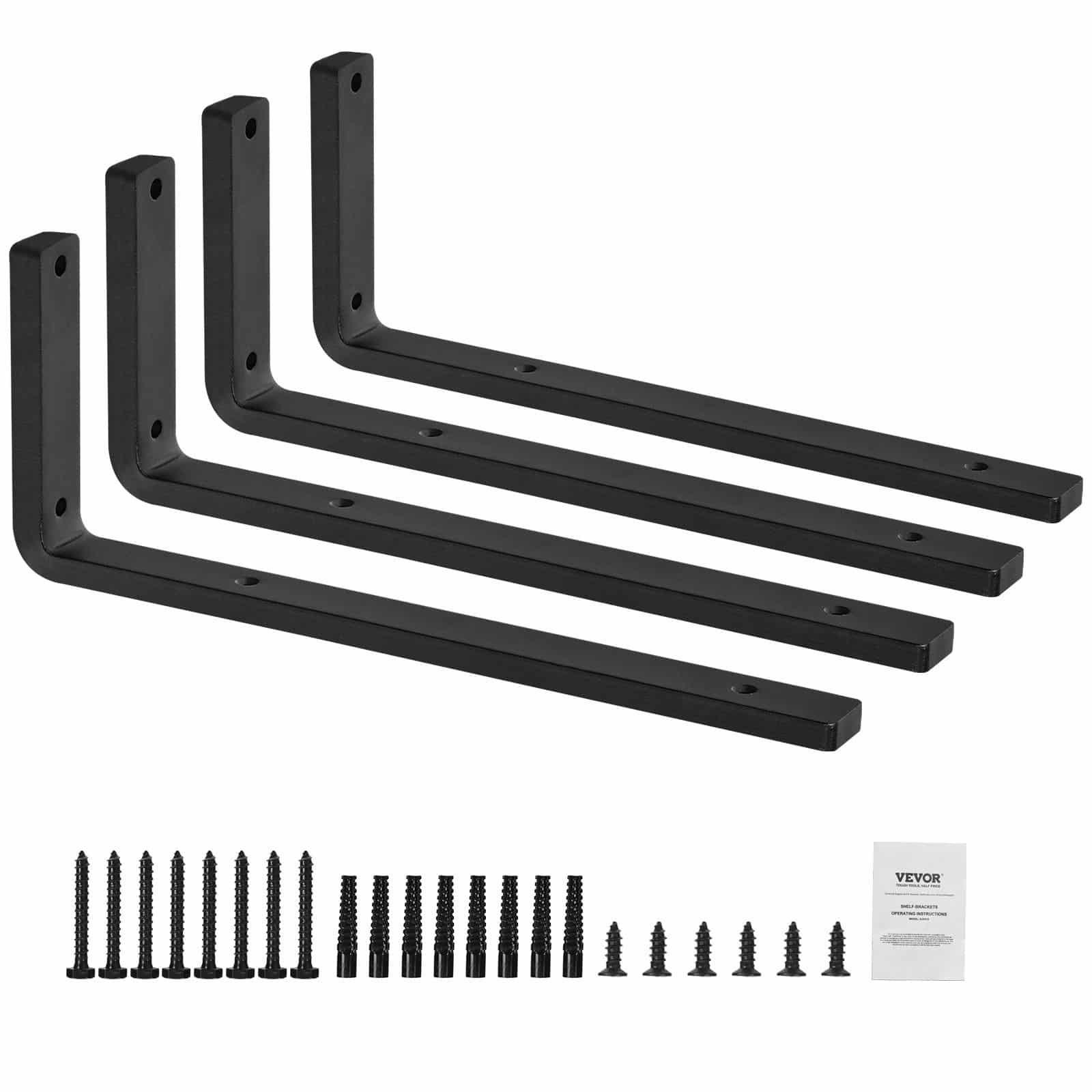 VEVOR Heavy Duty Shelf Brackets 40x15cm 4pcs, 10mm Thick Matte Black Steel, Floating L Brackets, 72kg Load Capacity