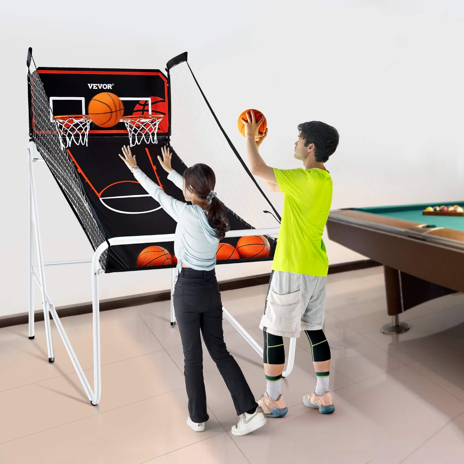 VEVOR Foldable 2-Player Indoor Basketball Arcade Game with 4 Balls, 8 Modes, Electronic Scoreboard & Pump, Black/White – Paveikslėlis 8