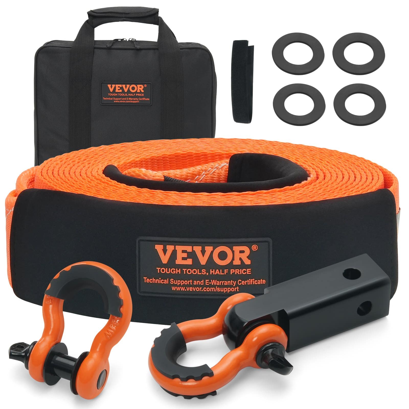 VEVOR Heavy-Duty Tow Strap Recovery Kit 7.6cm x 9.1m, 16,329kg Capacity, Shackles, Hitch Receiver & Storage Bag