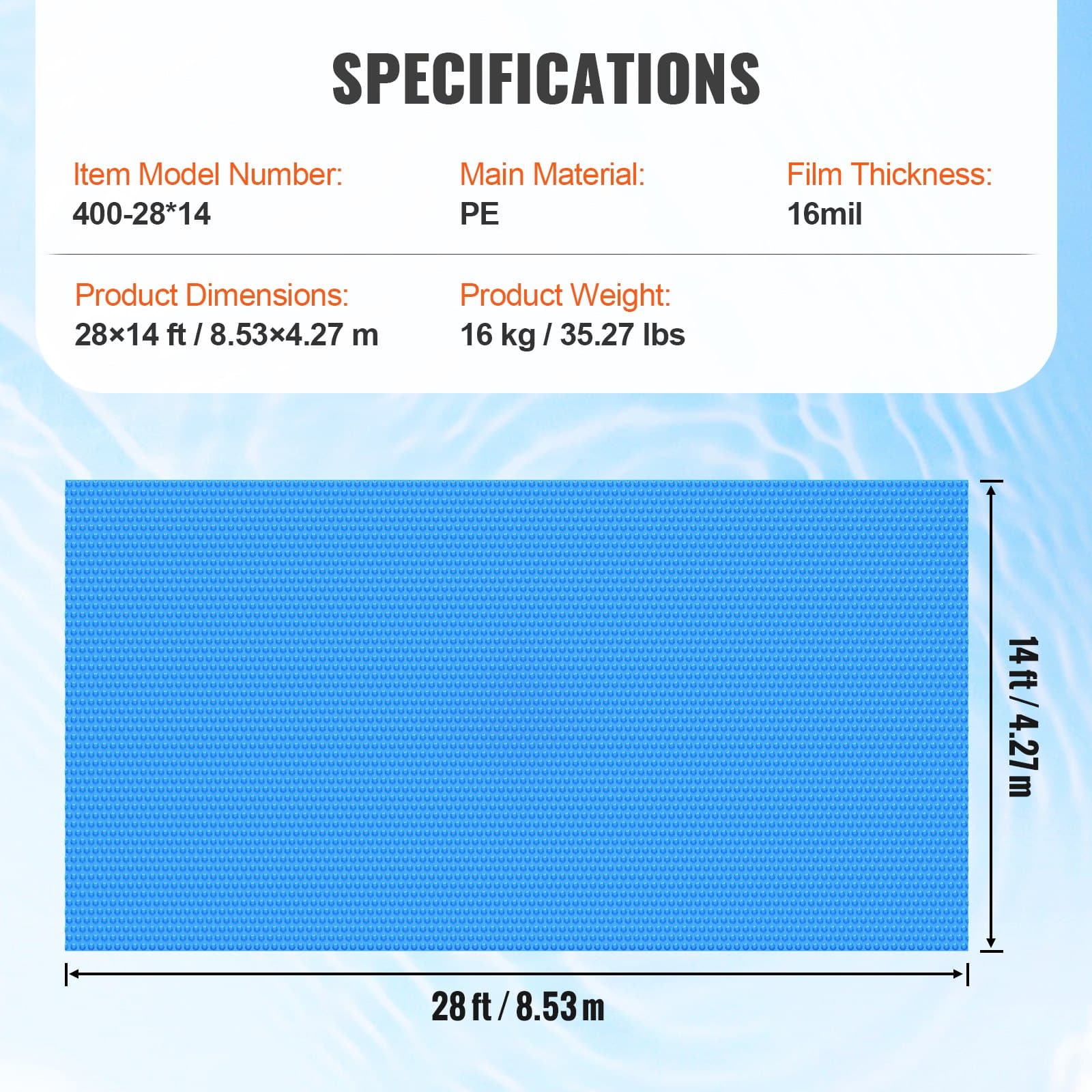 VEVOR 8.5x4.3m Blue 16mil Solar Pool Cover for Inground & Above Ground Pools – Reduces Evaporation & Increases Water Temperature - Image 7