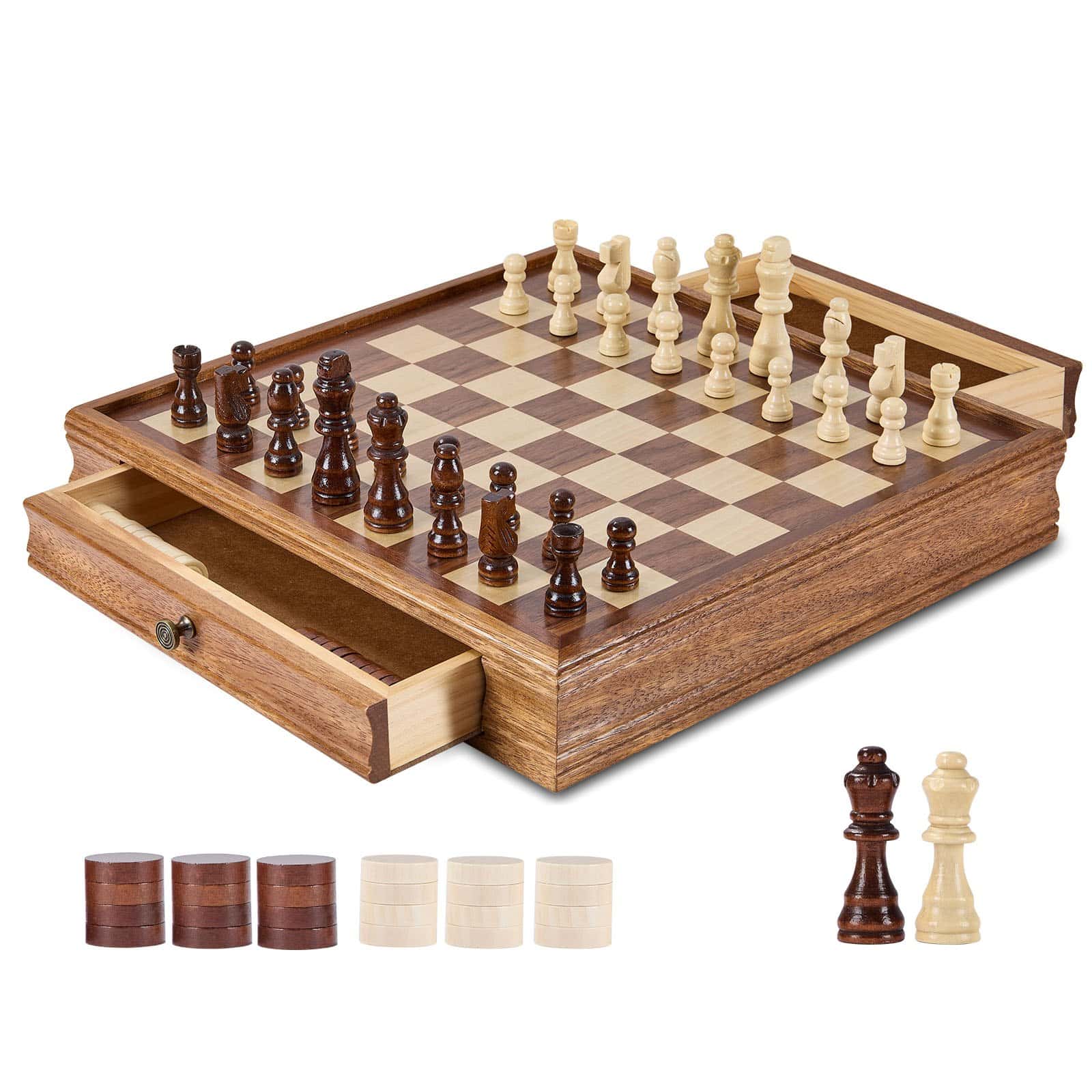 VEVOR 38cm Solid Wood 2-in-1 Chess & Checkers Set with Drawer, Weighted Pieces & 2 Queens, for Adults & Kids