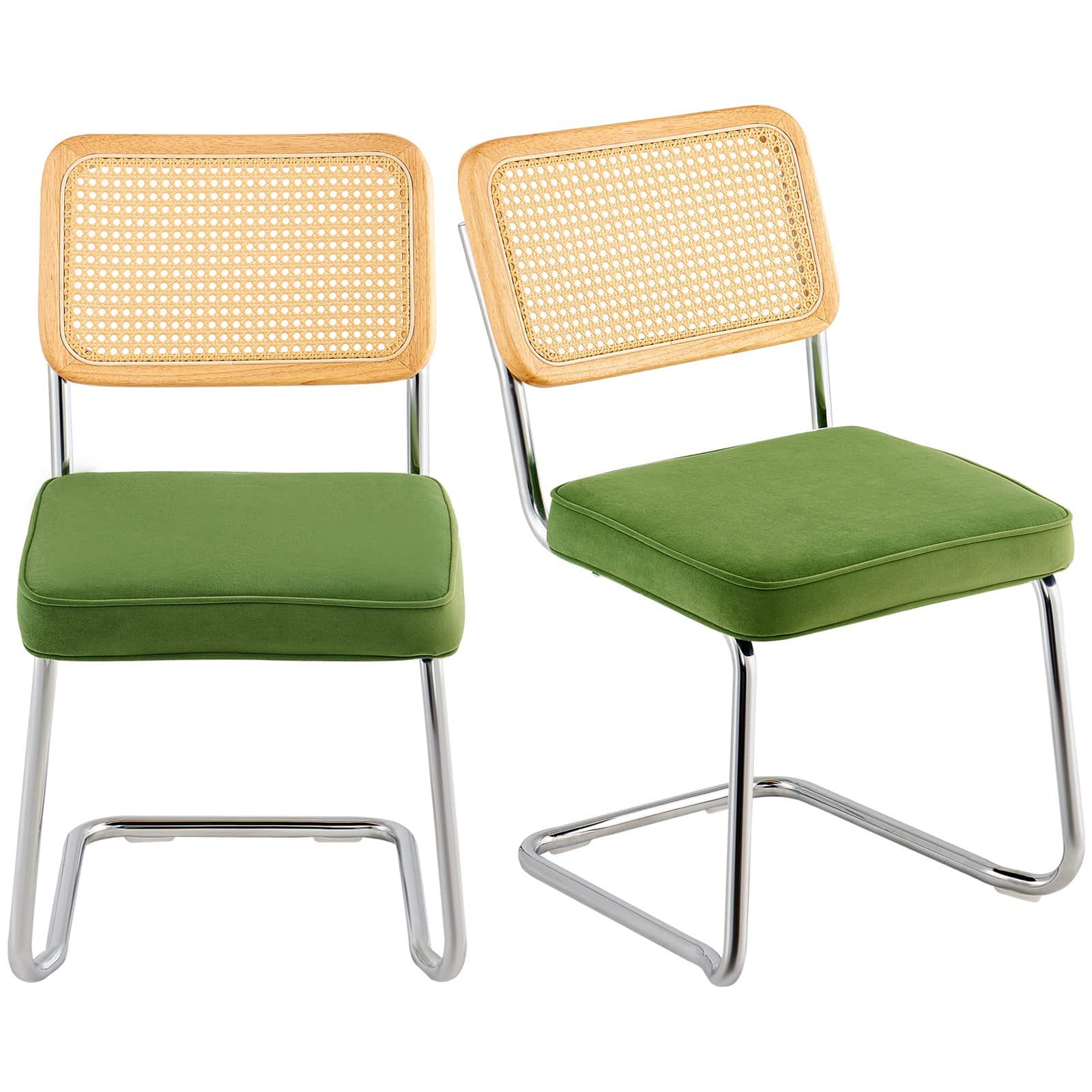 VEVOR Set of 2 Green Rattan Accent Chairs – Velvet Upholstered, Mid-Century Modern Dining Chairs for Living Room & Office