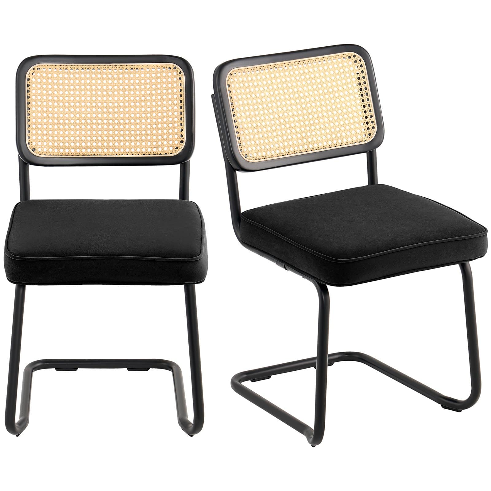 VEVOR Set of 2 Black Rattan Velvet Dining Chairs – Mid-Century Modern Accent Chairs with Cushioned Seats & Metal Frame