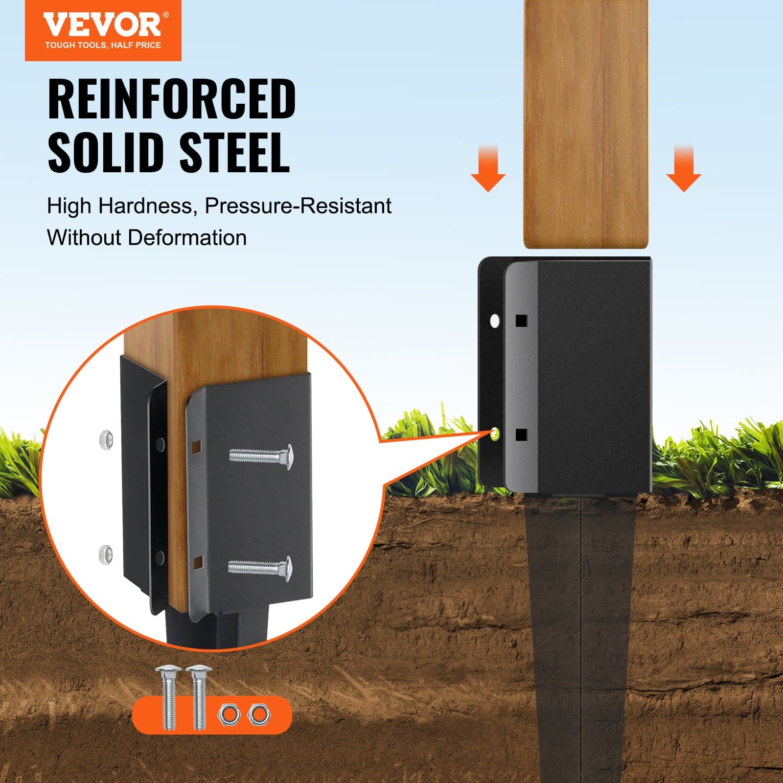 VEVOR 8-Pack Fence Post Anchors, 61x10.2x10.2 cm Ground Spikes for 8.9x8.9 cm Timber, Steel, Black Powder Coated, for Deck & Garden - Pilt 2