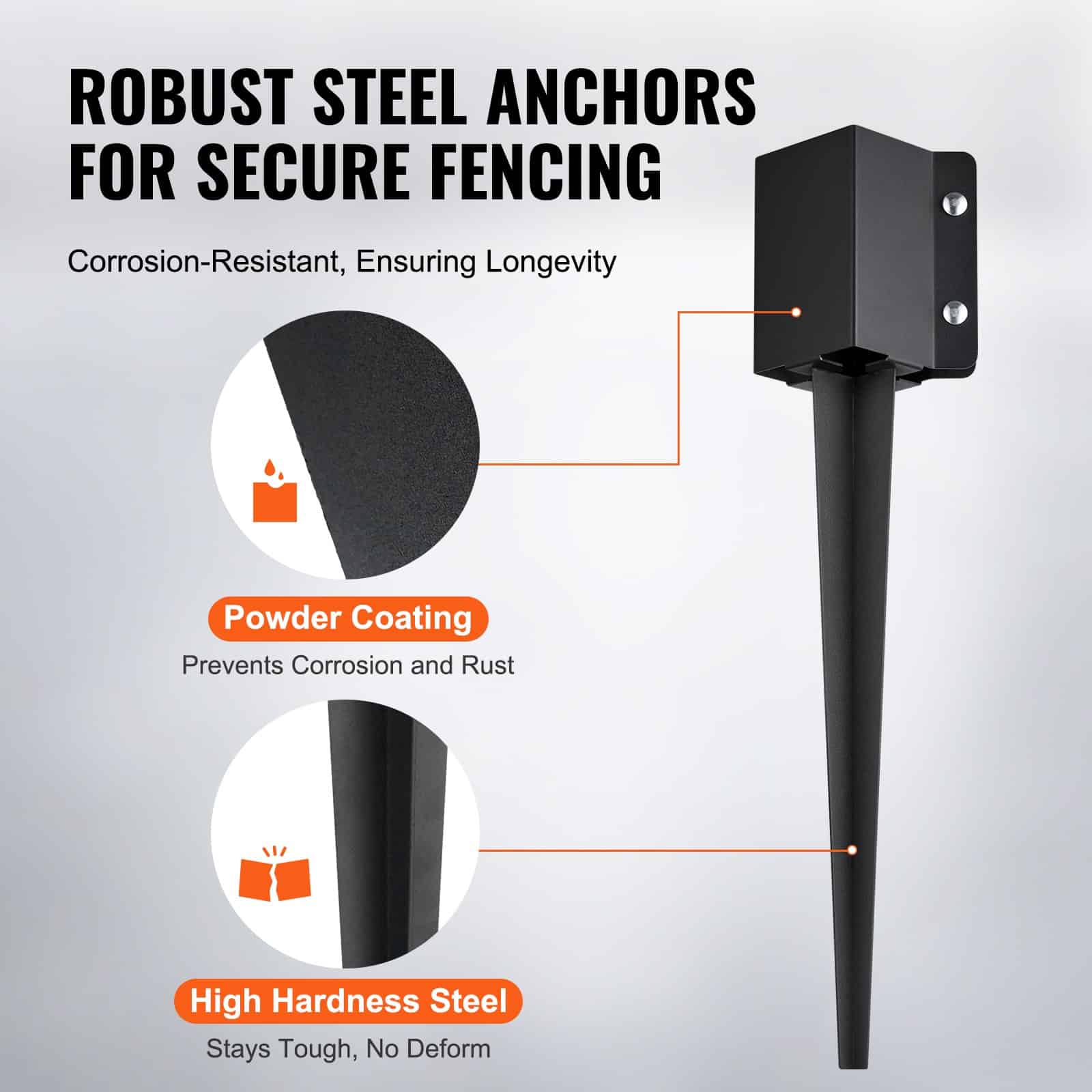 VEVOR 8-Pack Fence Post Anchors, 61x10.2x10.2 cm Ground Spikes for 8.9x8.9 cm Timber, Steel, Black Powder Coated, for Deck & Garden - Pilt 3