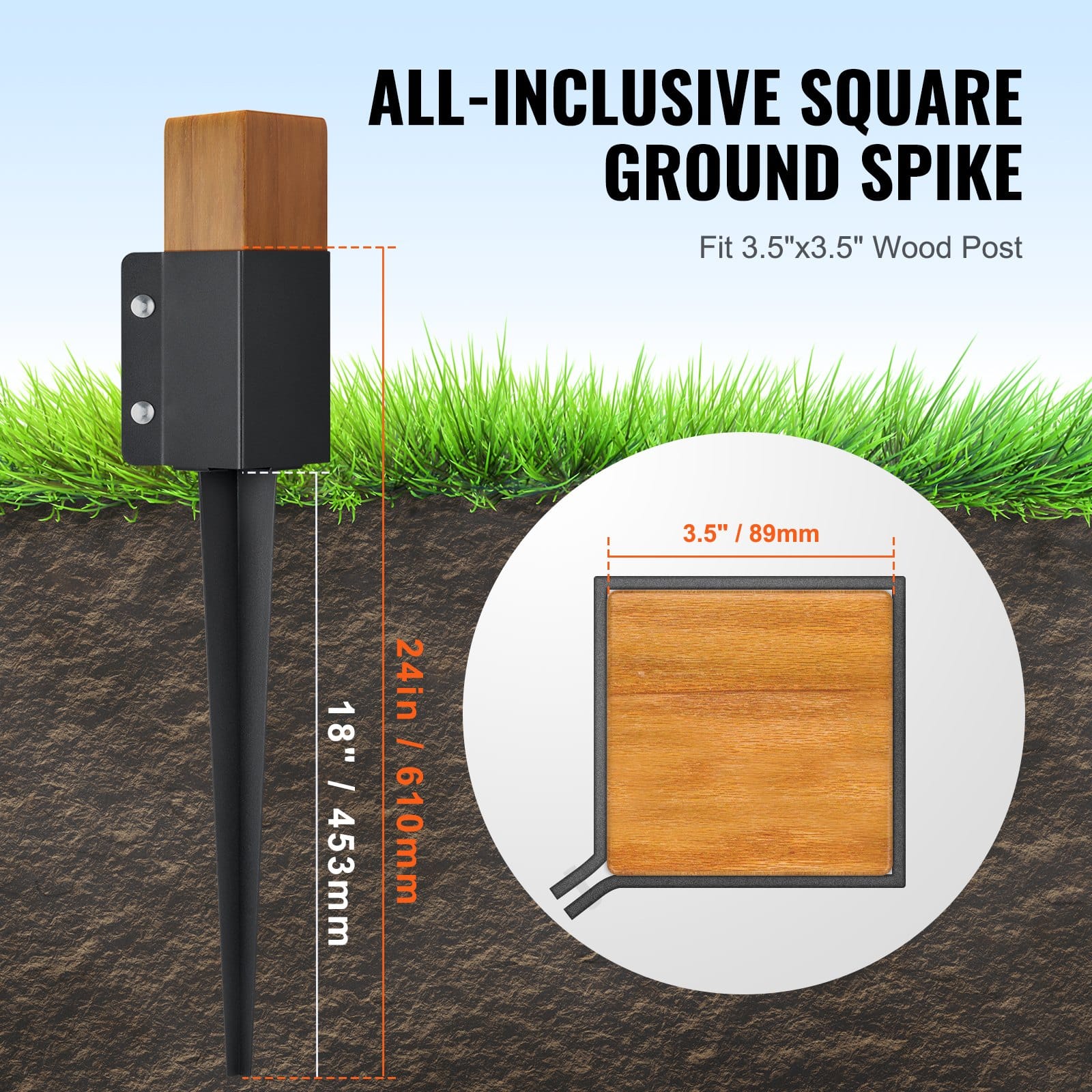 VEVOR 8-Pack Fence Post Anchors, 61x10.2x10.2 cm Ground Spikes for 8.9x8.9 cm Timber, Steel, Black Powder Coated, for Deck & Garden - Pilt 4