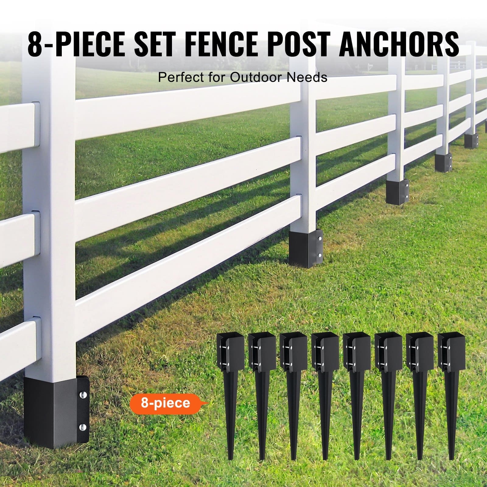 VEVOR 8-Pack Fence Post Anchors, 61x10.2x10.2 cm Ground Spikes for 8.9x8.9 cm Timber, Steel, Black Powder Coated, for Deck & Garden - Pilt 5