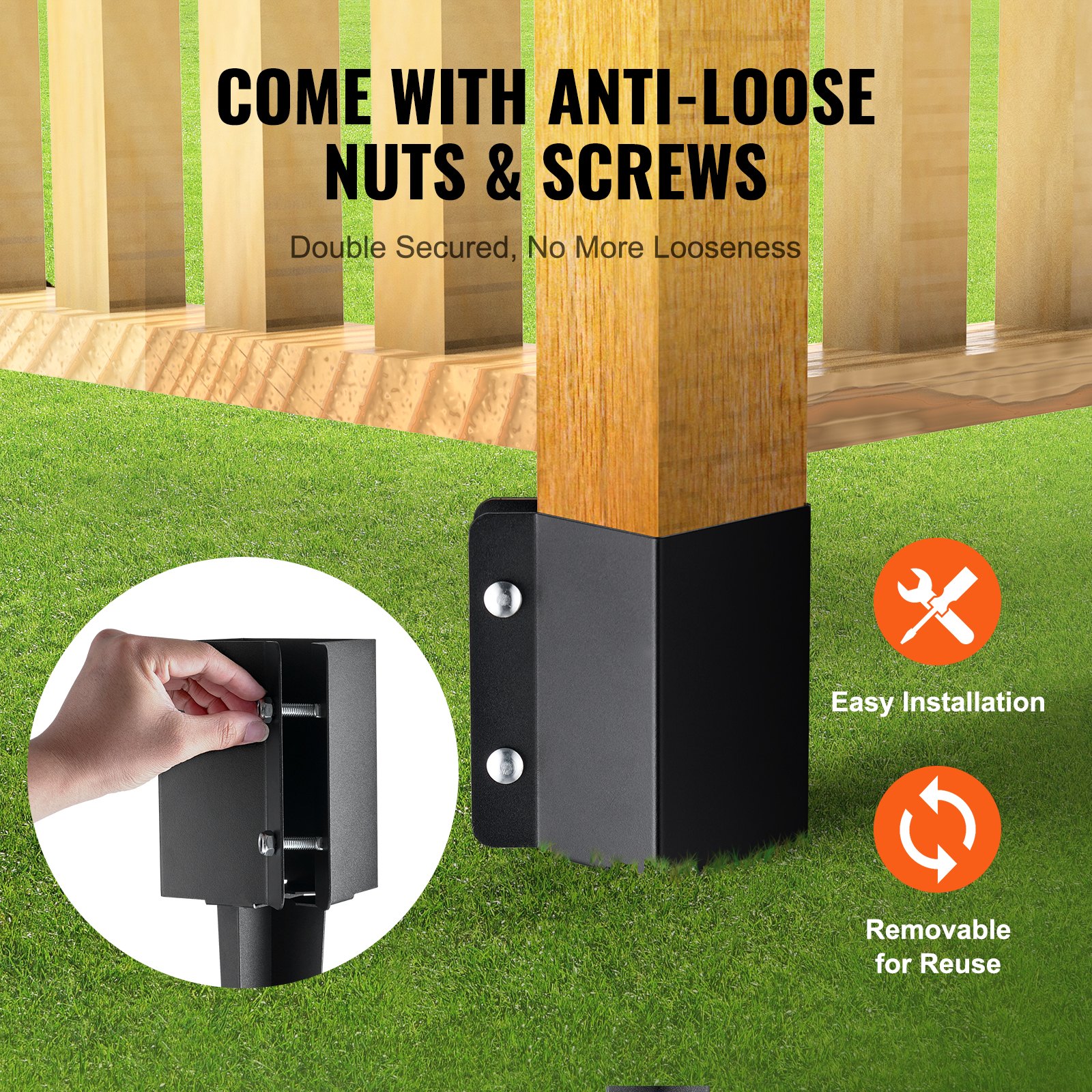 VEVOR 8-Pack Fence Post Anchors, 61x10.2x10.2 cm Ground Spikes for 8.9x8.9 cm Timber, Steel, Black Powder Coated, for Deck & Garden - Pilt 6