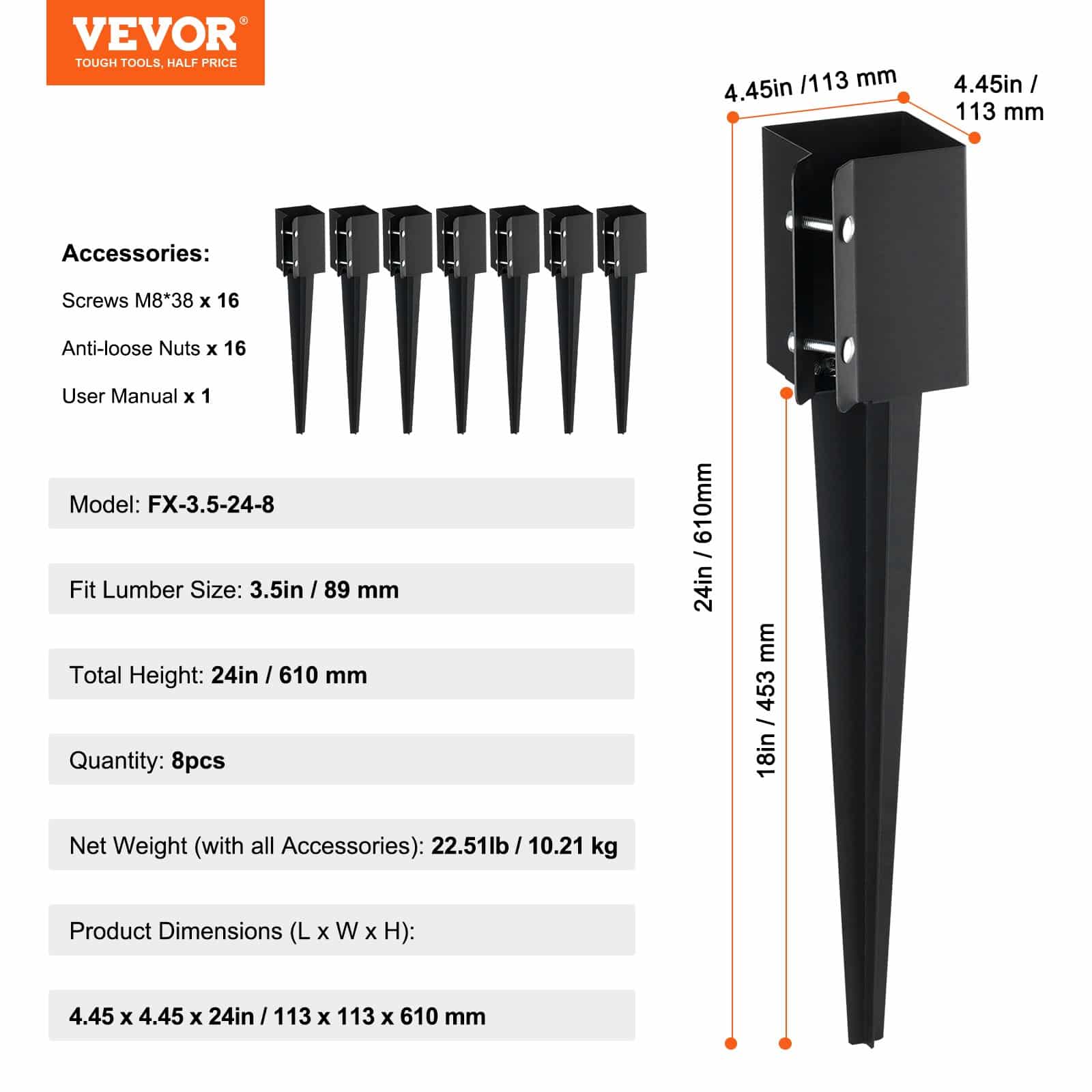 VEVOR 8-Pack Fence Post Anchors, 61x10.2x10.2 cm Ground Spikes for 8.9x8.9 cm Timber, Steel, Black Powder Coated, for Deck & Garden - Pilt 7