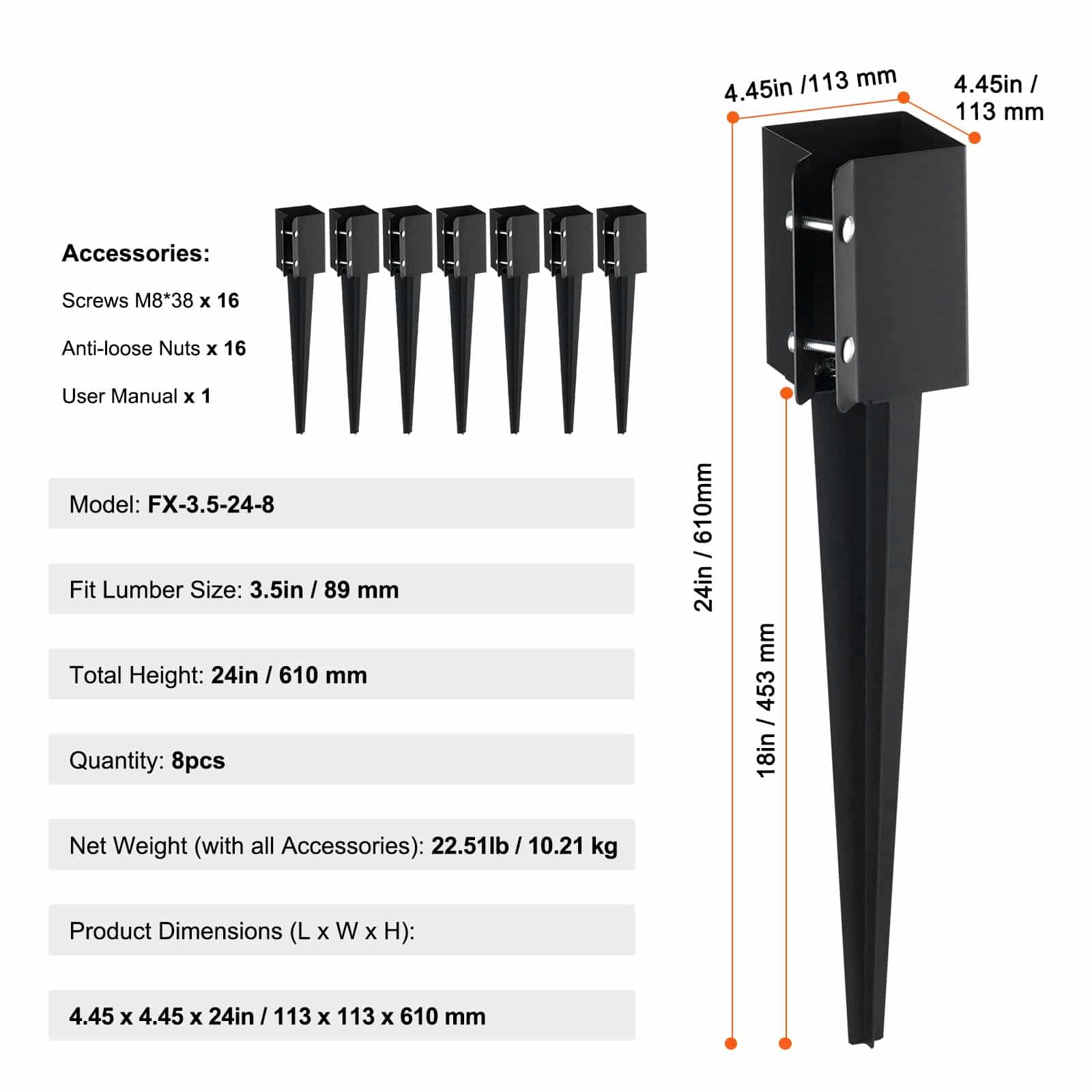 VEVOR 8-Pack Fence Post Anchors, 61x10.2x10.2 cm Ground Spikes for 8.9x8.9 cm Timber, Steel, Black Powder Coated, for Deck & Garden - Pilt 11