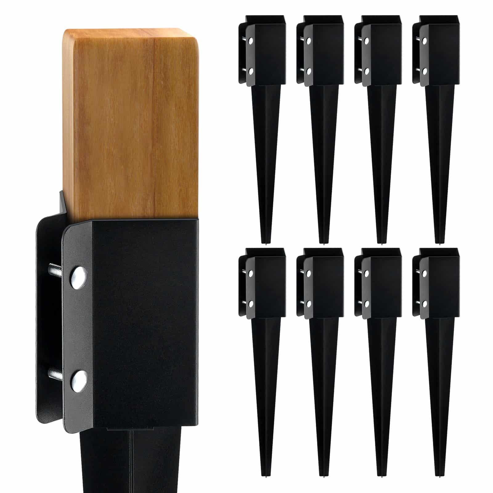 VEVOR 8-Pack Fence Post Anchors, 61x10.2x10.2 cm Ground Spikes for 8.9x8.9 cm Timber, Steel, Black Powder Coated, for Deck & Garden - Pilt 12