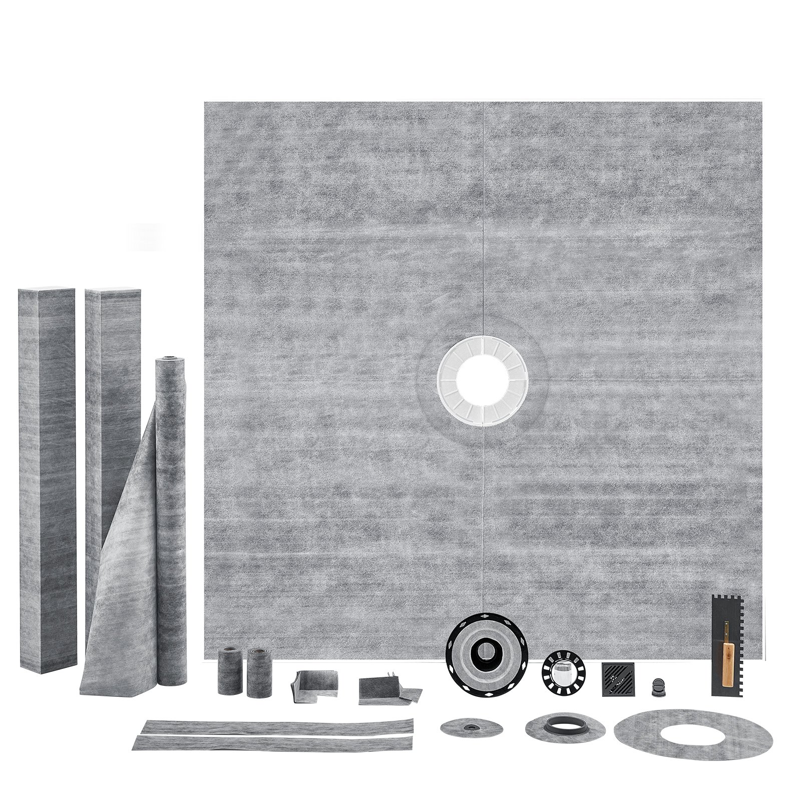 VEVOR 1828x1828mm Shower Pan Kit with 50mm PVC Flange, 100mm Steel Grate, Waterproof Membrane & Curb for Bathroom