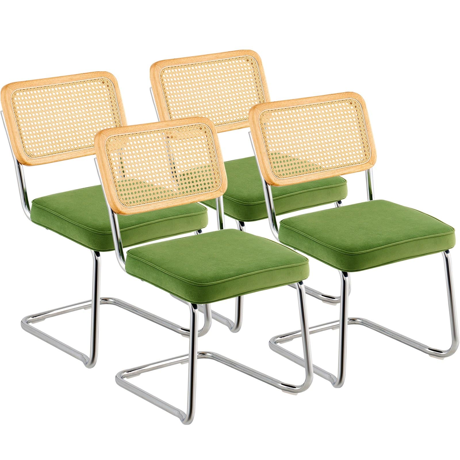VEVOR Set of 4 Green Rattan Accent Chairs, Mid-Century Modern Velvet Dining Chairs with Metal Frame for Living Room & Office