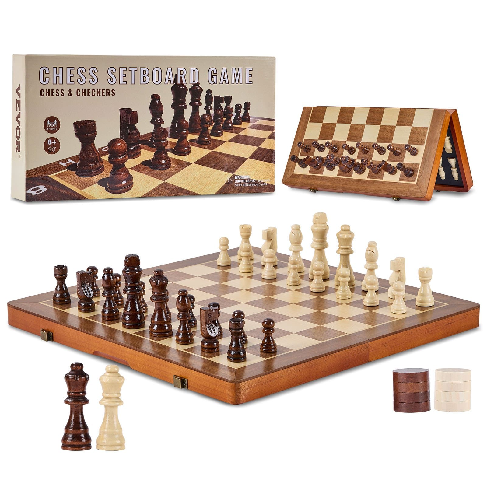 VEVOR 38.1 cm Magnetic Wooden 2-in-1 Chess & Checkers Set, Foldable Travel Game with 2 Extra Queens for Adults & Kids