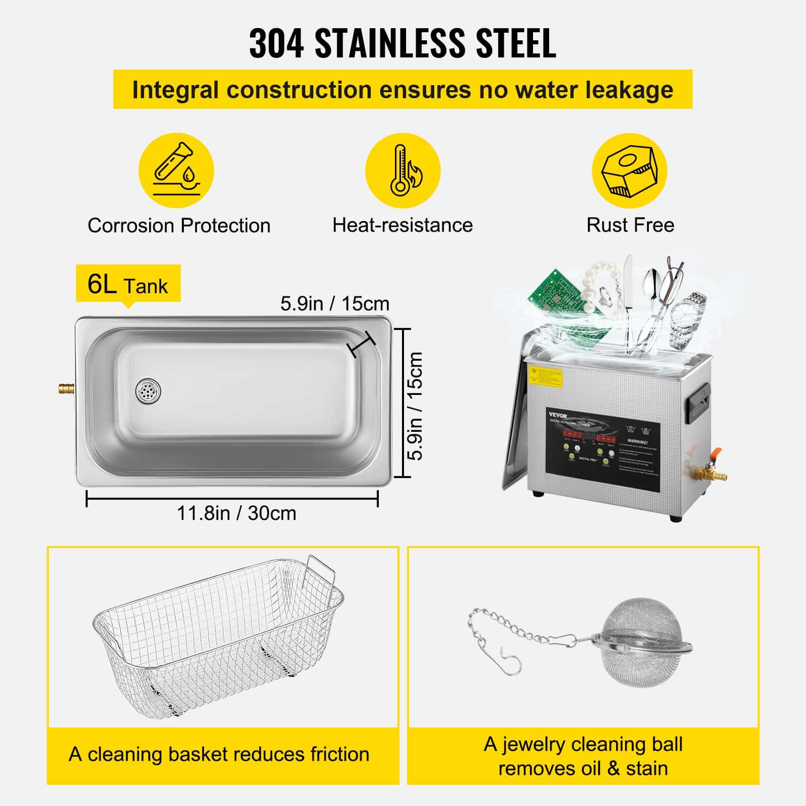 VEVOR 6L Ultrasonic Cleaner with 400W Heater & Timer – Digital Professional Lab Cleaner for Jewelry, Glasses, Instruments - Зображення 5