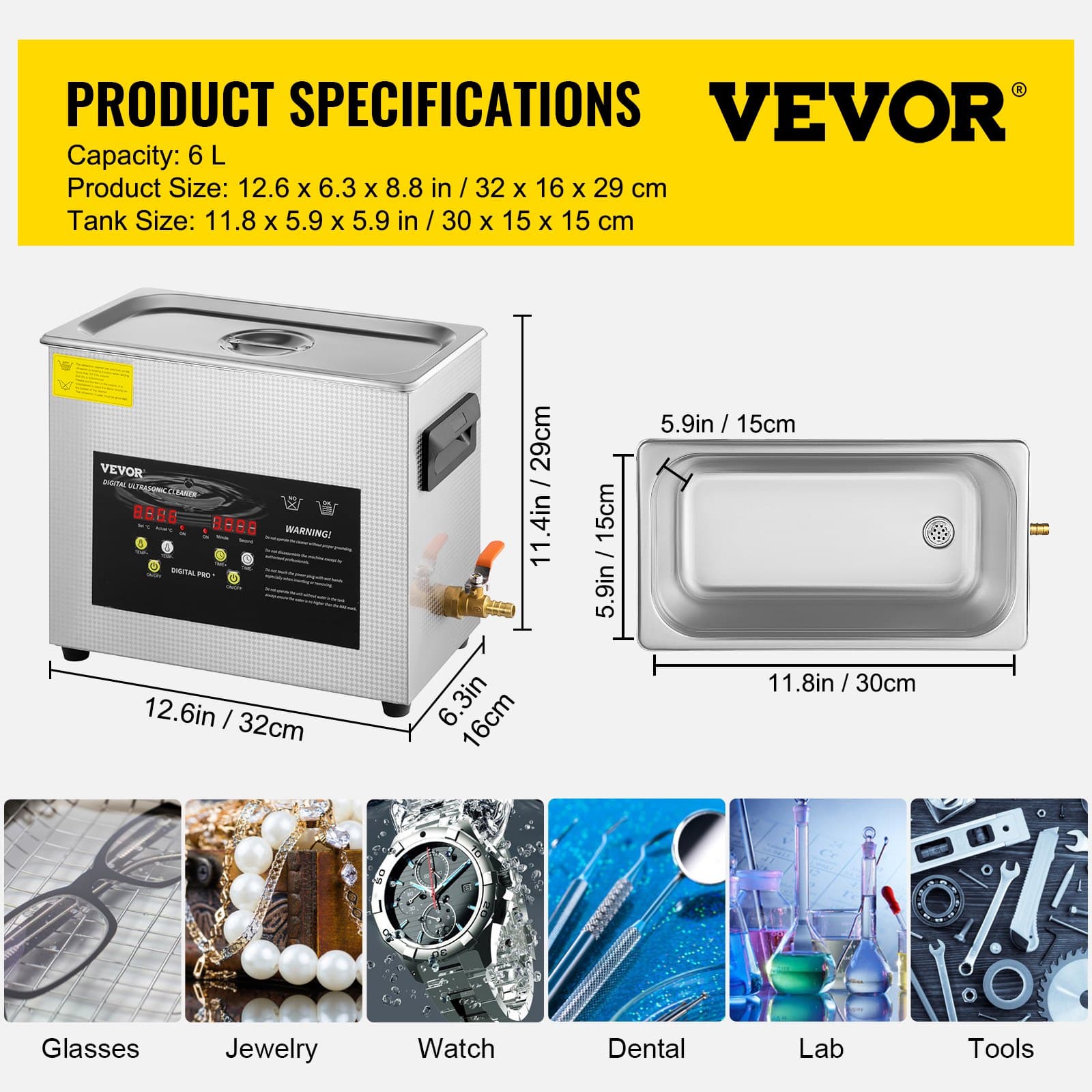 VEVOR 6L Ultrasonic Cleaner with 400W Heater & Timer – Digital Professional Lab Cleaner for Jewelry, Glasses, Instruments - Зображення 7