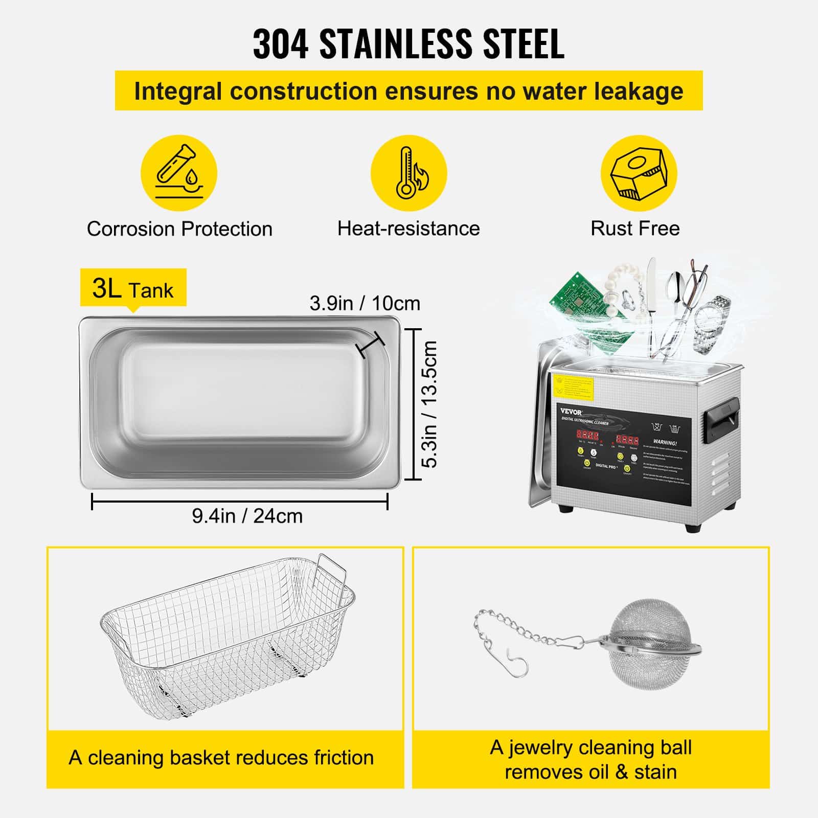 VEVOR 3L Ultrasonic Cleaner – 200W Heated Digital Lab Cleaner with Timer, 120W Ultrasonic Power for Jewelry, Glasses, Parts - Зображення 5