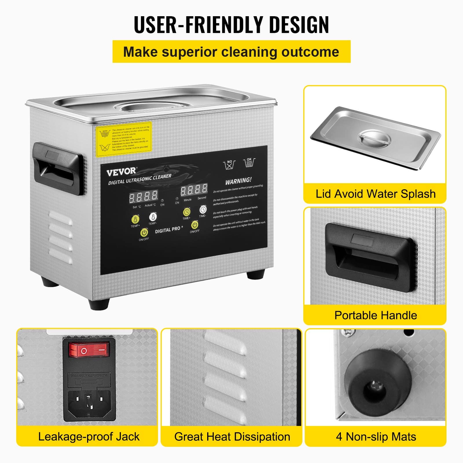 VEVOR 3L Ultrasonic Cleaner – 200W Heated Digital Lab Cleaner with Timer, 120W Ultrasonic Power for Jewelry, Glasses, Parts - Зображення 6