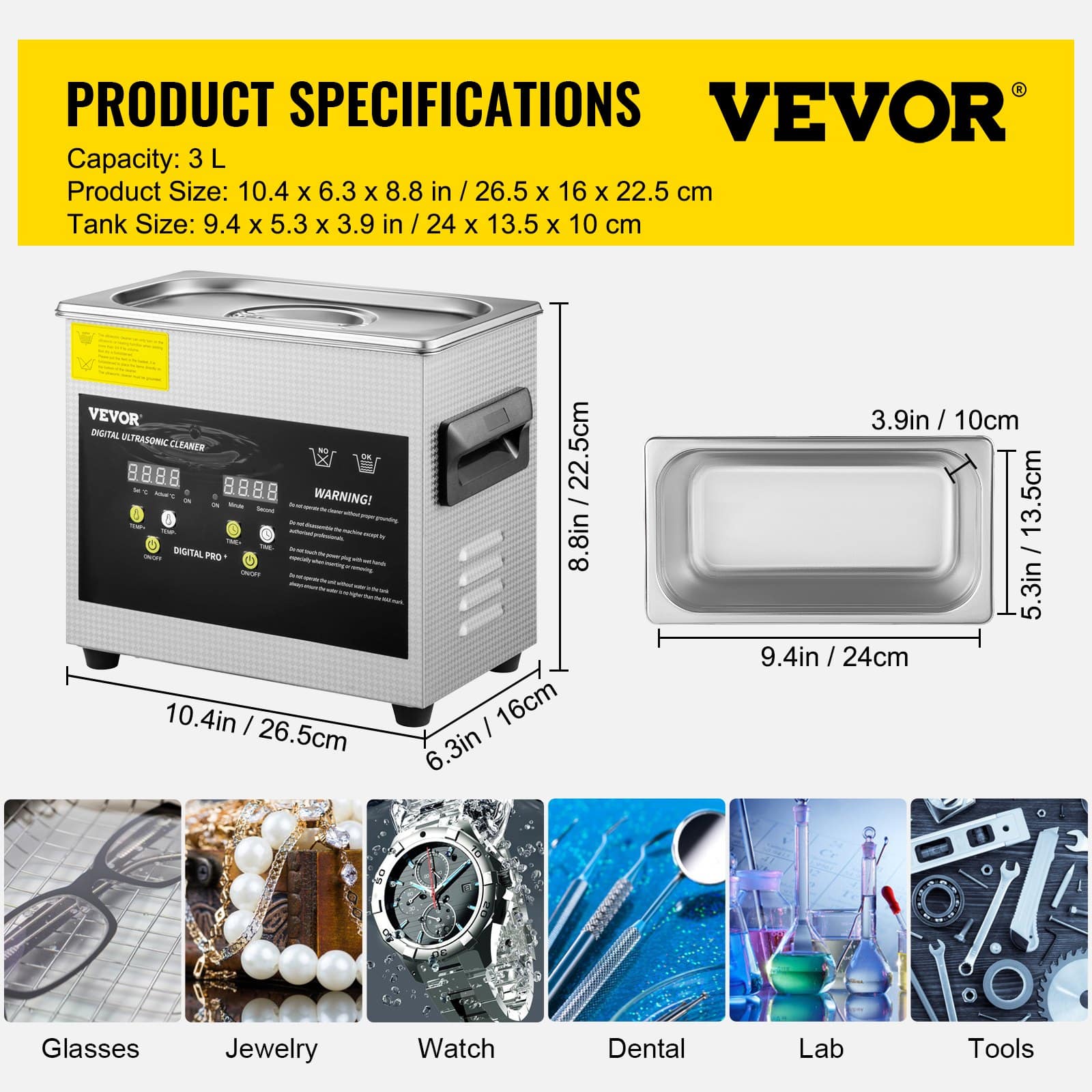 VEVOR 3L Ultrasonic Cleaner – 200W Heated Digital Lab Cleaner with Timer, 120W Ultrasonic Power for Jewelry, Glasses, Parts - Зображення 7