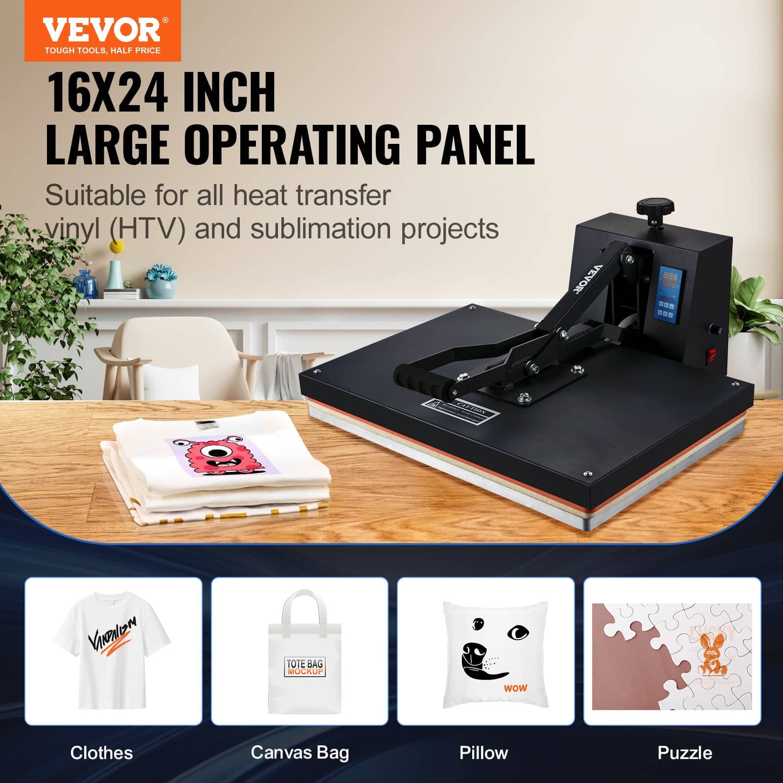 VEVOR 40.6x61cm Heat Press Machine with Digital Control, Teflon Coating for DIY T-Shirt & Textile Sublimation Transfers — attēls 2