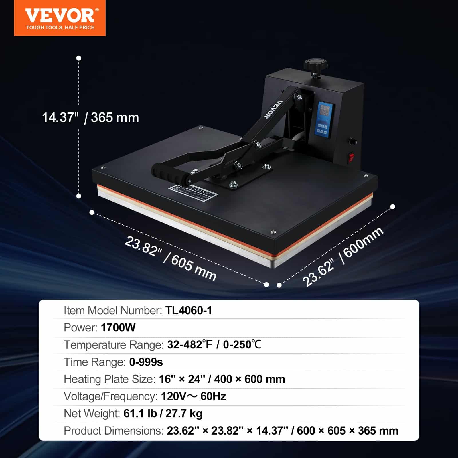 VEVOR 40.6x61cm Heat Press Machine with Digital Control, Teflon Coating for DIY T-Shirt & Textile Sublimation Transfers — attēls 7
