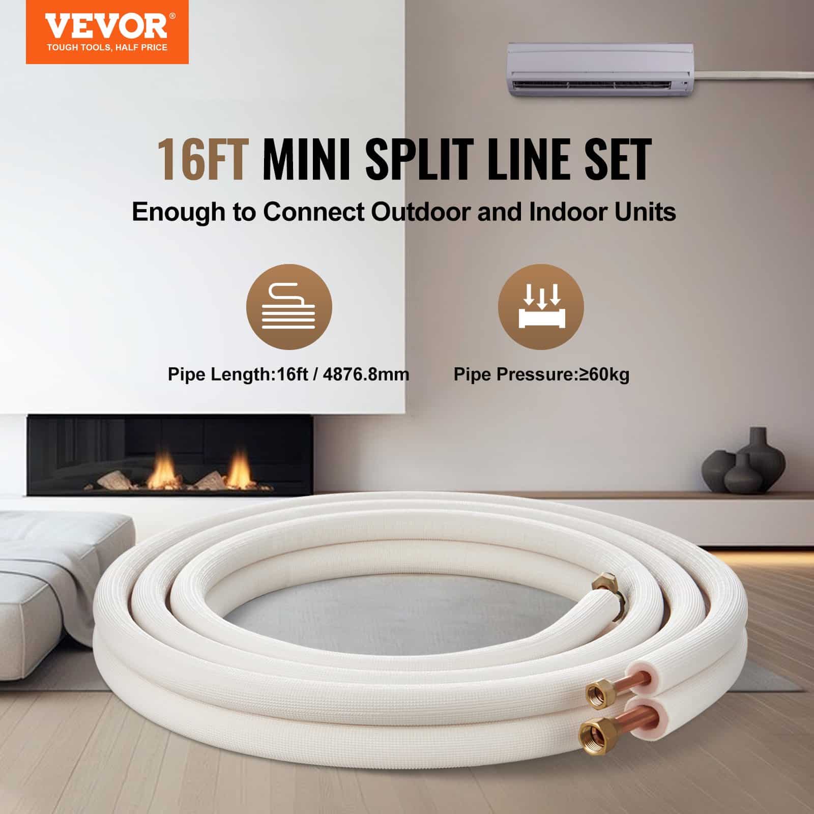 VEVOR 4876.8mm Mini Split Line Set with 9.5 & 15.9mm Copper Pipes, 3-Layer Insulation for 18000–26000 BTU HVAC Systems, 4.9m Cable - Зображення 2