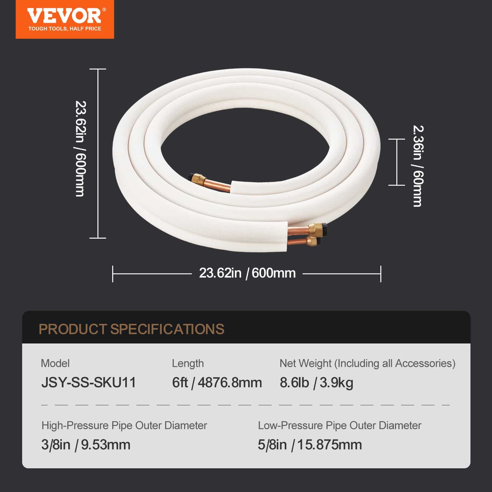 VEVOR 4876.8mm Mini Split Line Set with 9.5 & 15.9mm Copper Pipes, 3-Layer Insulation for 18000–26000 BTU HVAC Systems, 4.9m Cable - Зображення 7