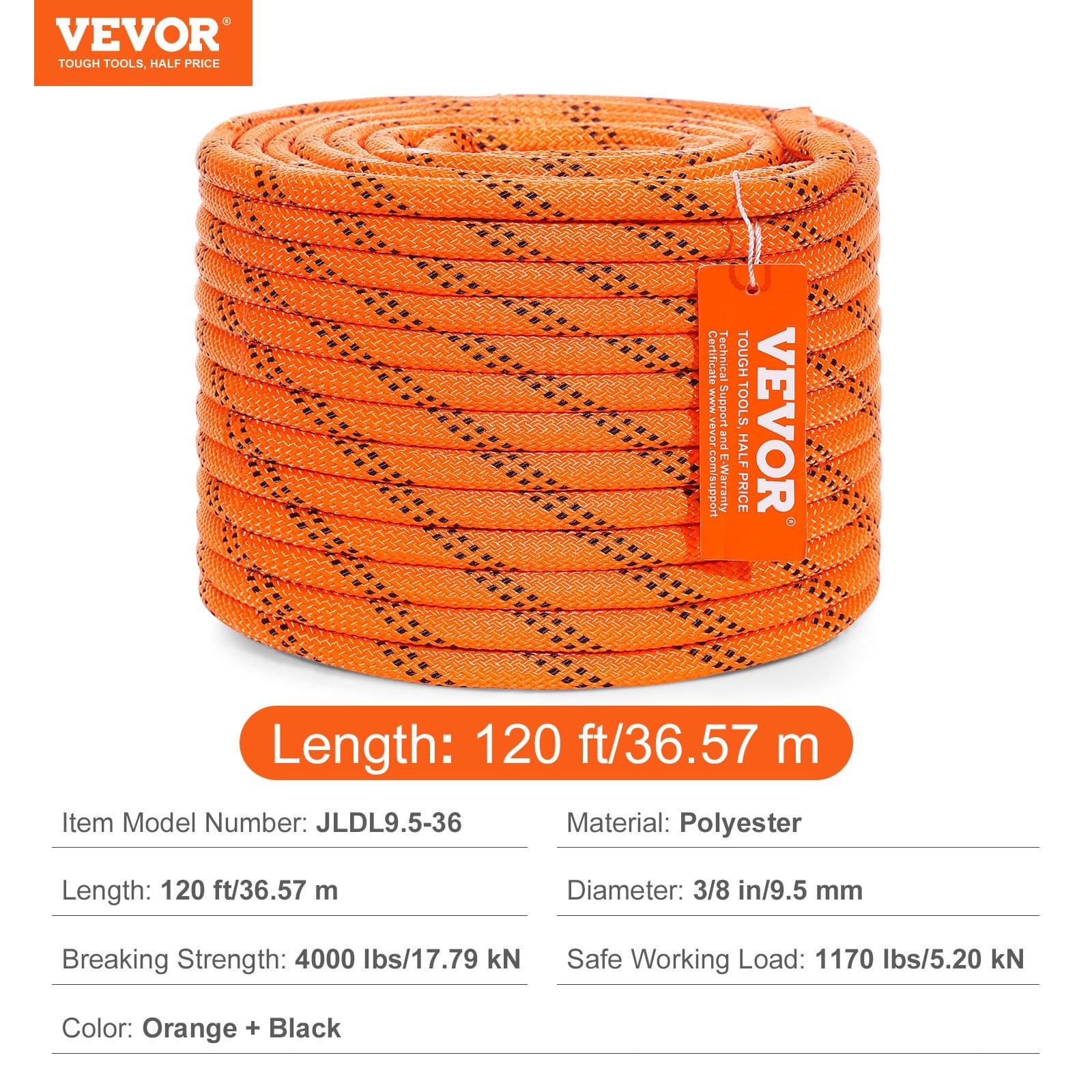 VEVOR Double Braid Polyester Tree Climbing Rope 1 cm x 36.6 m, 48-Strand, 17.79 kN Breaking Strength, Heat-Sealed Ends - Image 7
