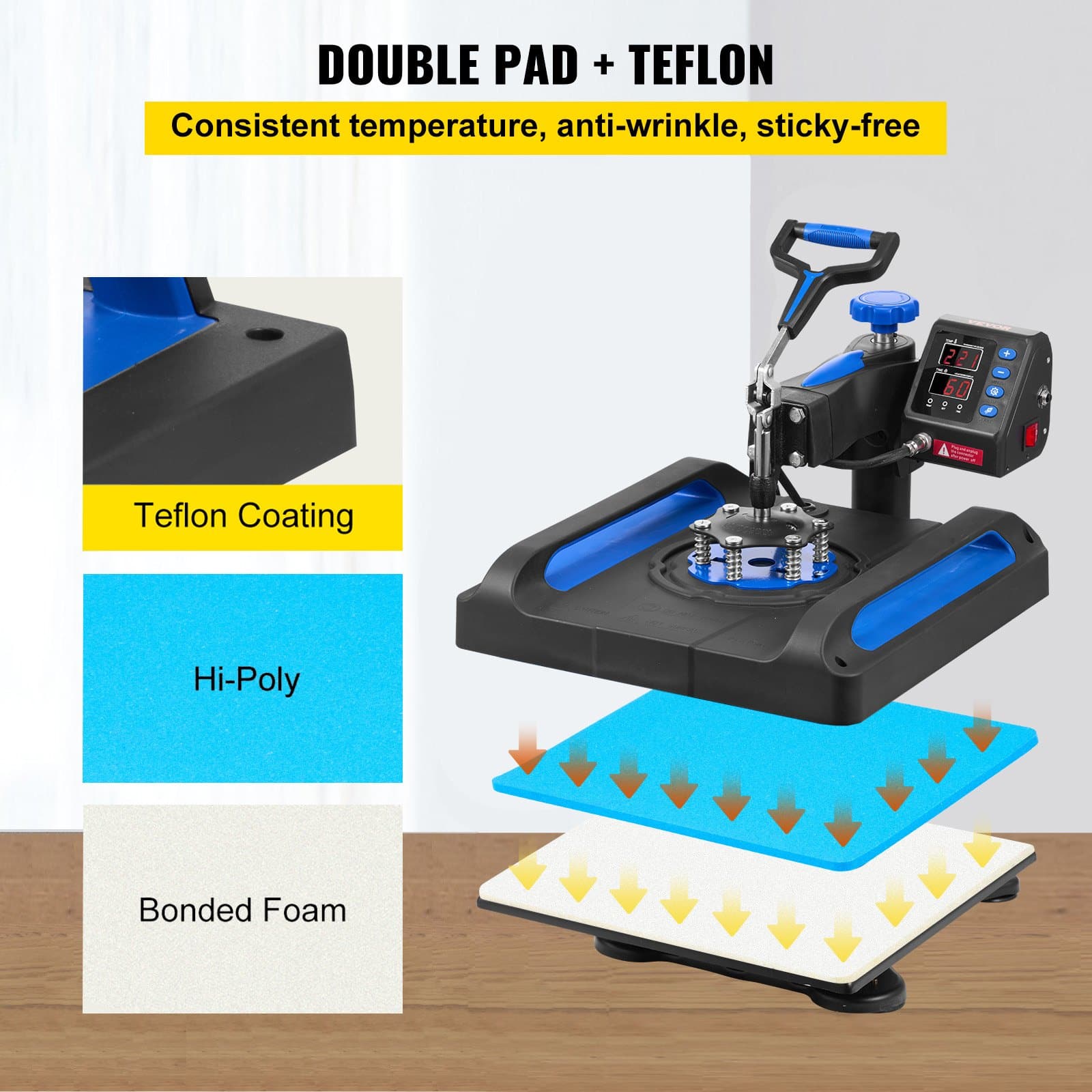 VEVOR 38x38 cm Heat Press Machine, Fast Heating, 360° Swing Away, Digital Sublimation T-Shirt Printer, Anti-Scald, Blue — attēls 6