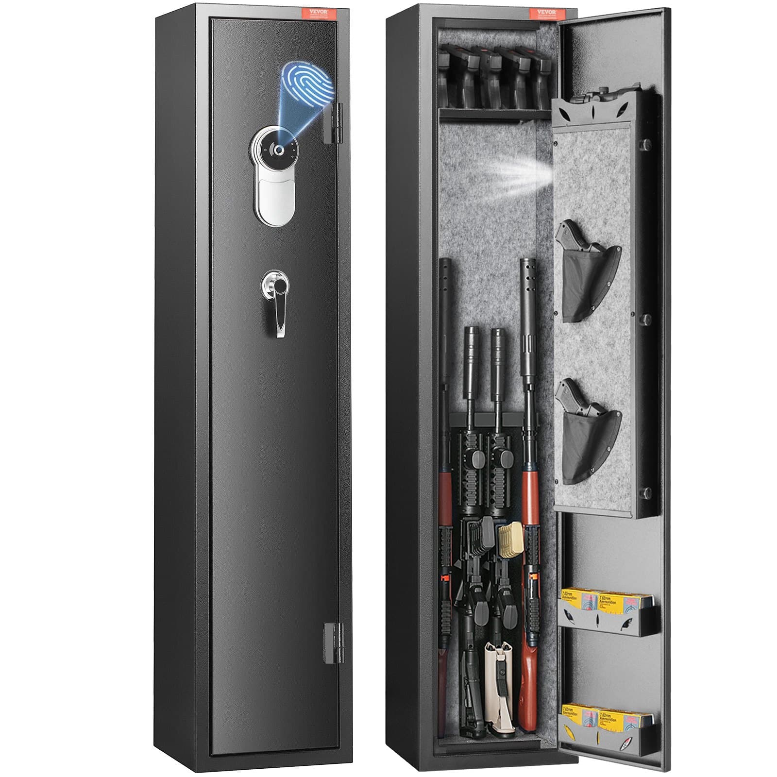 VEVOR Gun Safe for 5 Rifles with Fingerprint Lock, LED Light, Removable Shelf, Pistol Rack & Ammo Storage, Steel Cabinet 137 cm